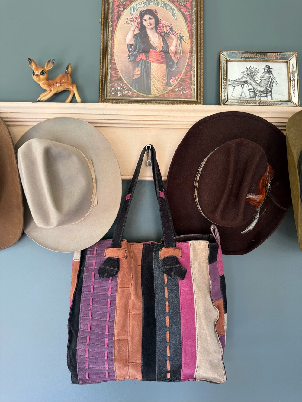 Vintage Suede / leather patchwork tote bag